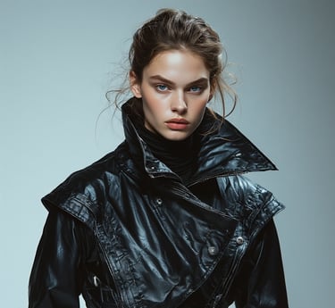 Model wearing a dramatic black funnel-neck jacket, collar rising like sculpted armor.