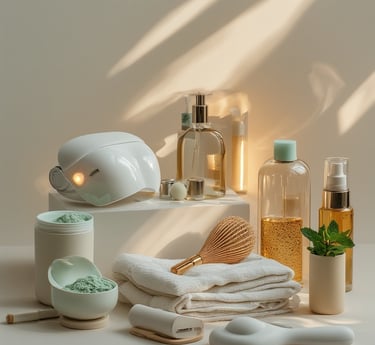 Aesthetic modern wellness flat-lay featuring LED mask, ice roller, matcha tools, hydration bottle