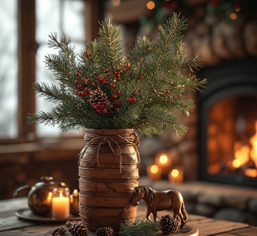  Equestrian-inspired Christmas centerpiece with brass horse and greenery.