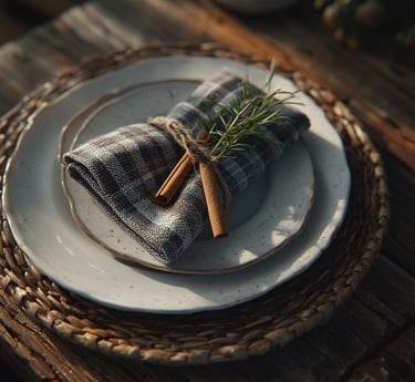 Place setting with white plates on a wicker charger, plaid napkin tied with twine and cinnamon.