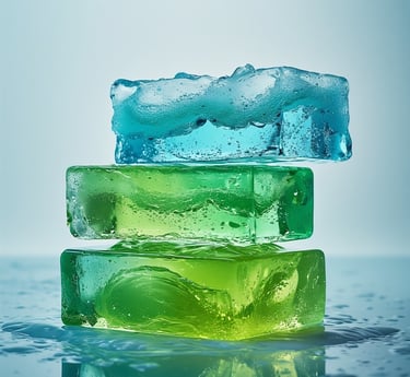 Neon green and aqua soap bars with clear layers and splash-inspired swirls