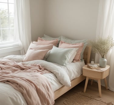 Neutral bedroom styled with rose pink linen pillows