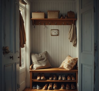bright Scandinavian-style entryway with hooks, a bench, and neatly stored shoes.