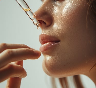 Close-up of a dropper dispensing serum onto fingertips or directly onto cheek