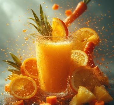 Bright orange tropical smoothie surrounded by citrus and carrot
