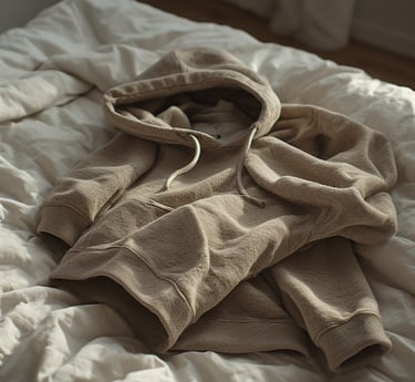 Casual lifestyle shot of folded neutral-toned hoodie and joggers on a bed or sofa.