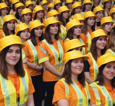 A stage curtain rises to reveal 43 young women in safety vest-designed graduation caps and gowns accepting their diplomas.