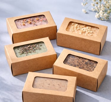 Kraft soap boxes with clear windows showing textured soap bars inside.