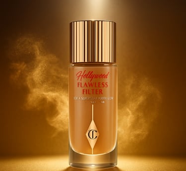 Charlotte Tilbury Flawless Filter glowing among golden shimmer clouds