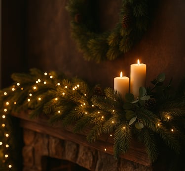 Rustic Christmas mantel with evergreen garland, candles, pinecones, and fairy lights glowing softly.