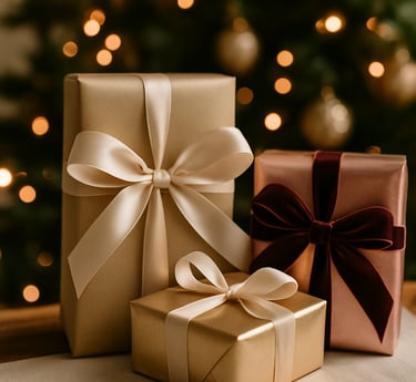 Cinematic close-up of glamorous gold and rose-gold gift boxes with satin and velvet ribbons
