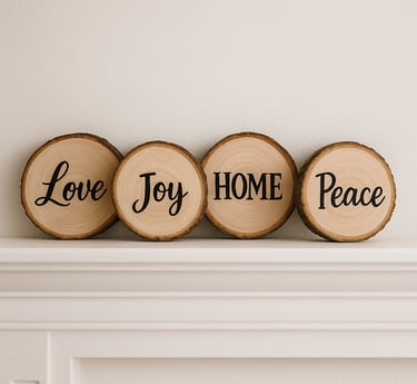 Four wood slices with bark edges, each painted with the words “Love,” “Joy,” “Home,” and “Peace