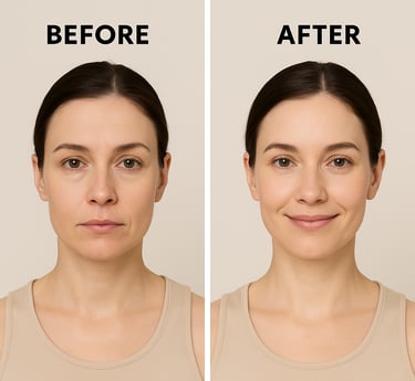 Side-by-side comparison image showing a woman before and after face yoga
