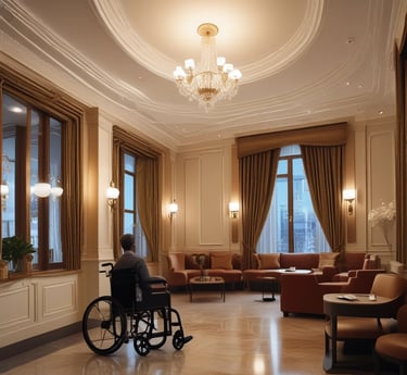Rollstuhlfahrer in einem großen Raum in einem barrierenfreien Hotel