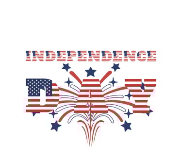 Independence Day text with U.S. flag pattern and fireworks bursting behind the word "DAY"