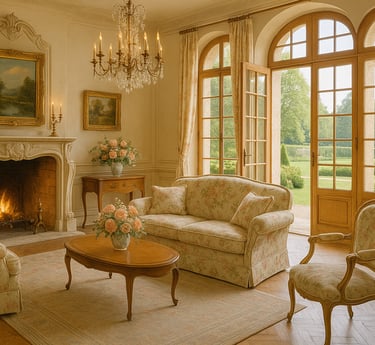Chateaucore sitting room with velvet settee, gold-framed mirror, marble fireplace, and vintage artwo