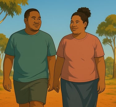 Tongan couple walking in Robinvale bushland, calm smiles, morning light, gum trees and red soil around them.