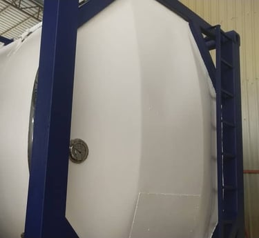 a large white tank sitting on top of a metal rack