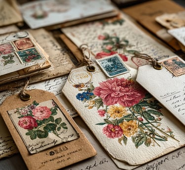Vintage postcards and tags with floral illustrations and old stamps are arranged on a surface 