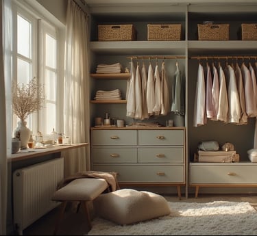 cinematic image of a vibrant, feminine walk-in closet styled in soft golden-hour lighting.