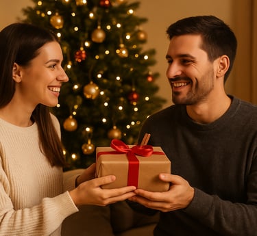 Girlfriend giving wrapped Christmas gift to smiling boyfriend beside Christmas tree with warm lights