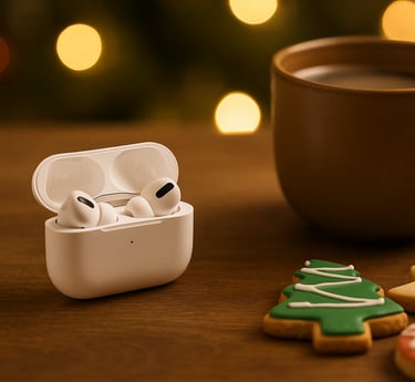 Open AirPods case beside coffee cup and Christmas cookies with warm lights in background.