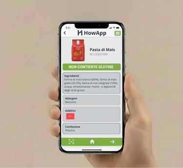 la schermata di un telefono che mostra gli ingredienti di un prodotto, allergeni e additivi.