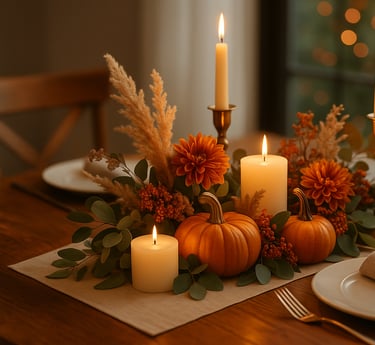 Rustic Thanksgiving centerpiece with pumpkins and candle garland on a wooden table.
