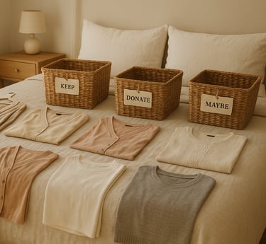 A cozy, sunlit bedroom with clothes neatly spread across a linen duvet, three wicker baskets labeled