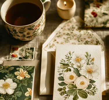 a table with a cup of tea and stationery
