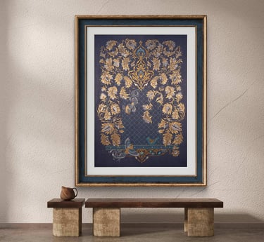 Close up of 24k gold leaf texture showing a traditional Eslimi spiral an infinite interlacing arabes