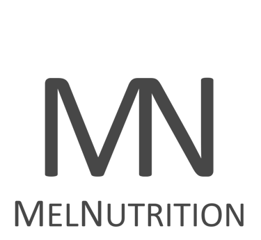 MelNutrition minimalist brand logo with a grey MN monogram on a black background.