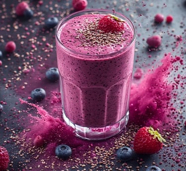 Pink berry smoothie with fresh berries and chia seeds.