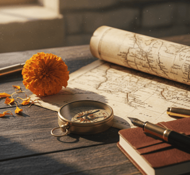 a compass with a compass and a compass on a table, vintage, old