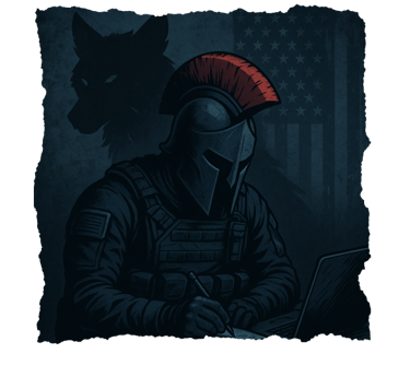Alpha VI Chronicles storytelling artwork featuring wolf mascot, military heritage, patriotic clothes