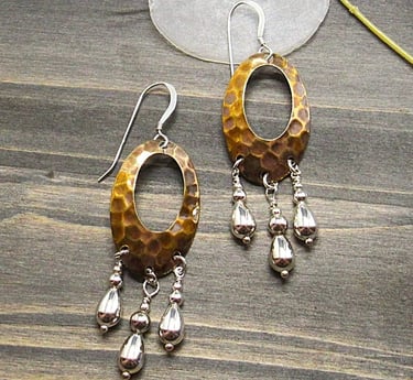hammered brass with sterling silver teardrops earrings