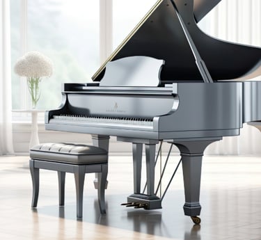 black grand piano in a big white room