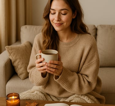 Woman in beige sweater holding a mug of tea with an open journal, candle, and pumpkins