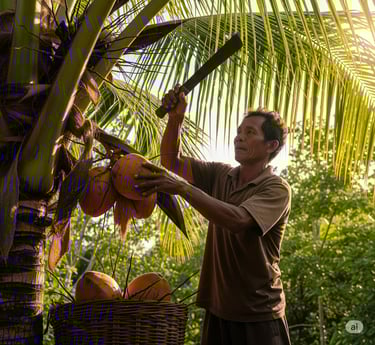 Indonesian farmer inspecting coconuts on a palm tree, symbolizing Coco Nusa Indo's direct sourcing a