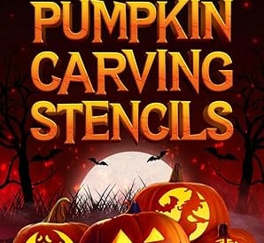 Halloween book cover titled “Pumpkin Carving Stencils: 50 Funny & Spooky Halloween Patterns,” featur