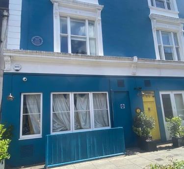 Site of Mangrove restaurant - blue building with a blue door