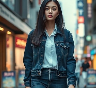 A young woman with dark brown hair wearing a dark denim jacket and high-waisted jeans styled with a 