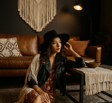 Woman in Moto Boho outfit—leather jacket, floral dress, fringe shawl, and boots—sitting on a rug 