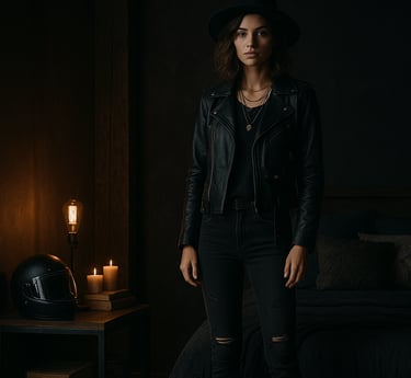 Woman in black leather jacket and distressed jeans stands in a dark Moto Boho bedroom