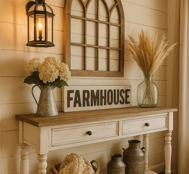 Cozy farmhouse vignette featuring woven baskets, rustic candle holders, small potted plants
