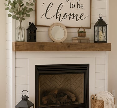 Farmhouse-style shelving with wooden accents, books, woven baskets, lantern décor, and neutral 