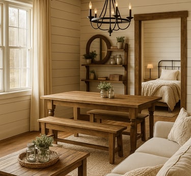 armhouse-style open living and dining space with reclaimed wood dining table, linen slipcovered sofa