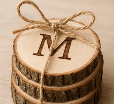 Stack of four round wooden slice coasters with bark edges, tied together with rustic twine