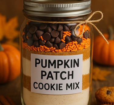 Pumpkin cookie mix jar with flour, sugar, chocolate chips, and orange sprinkles.