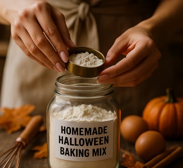 Hands pouring flour into a mason jar labeled “Homemade Halloween Baking Mix” with pumpkins, eggs